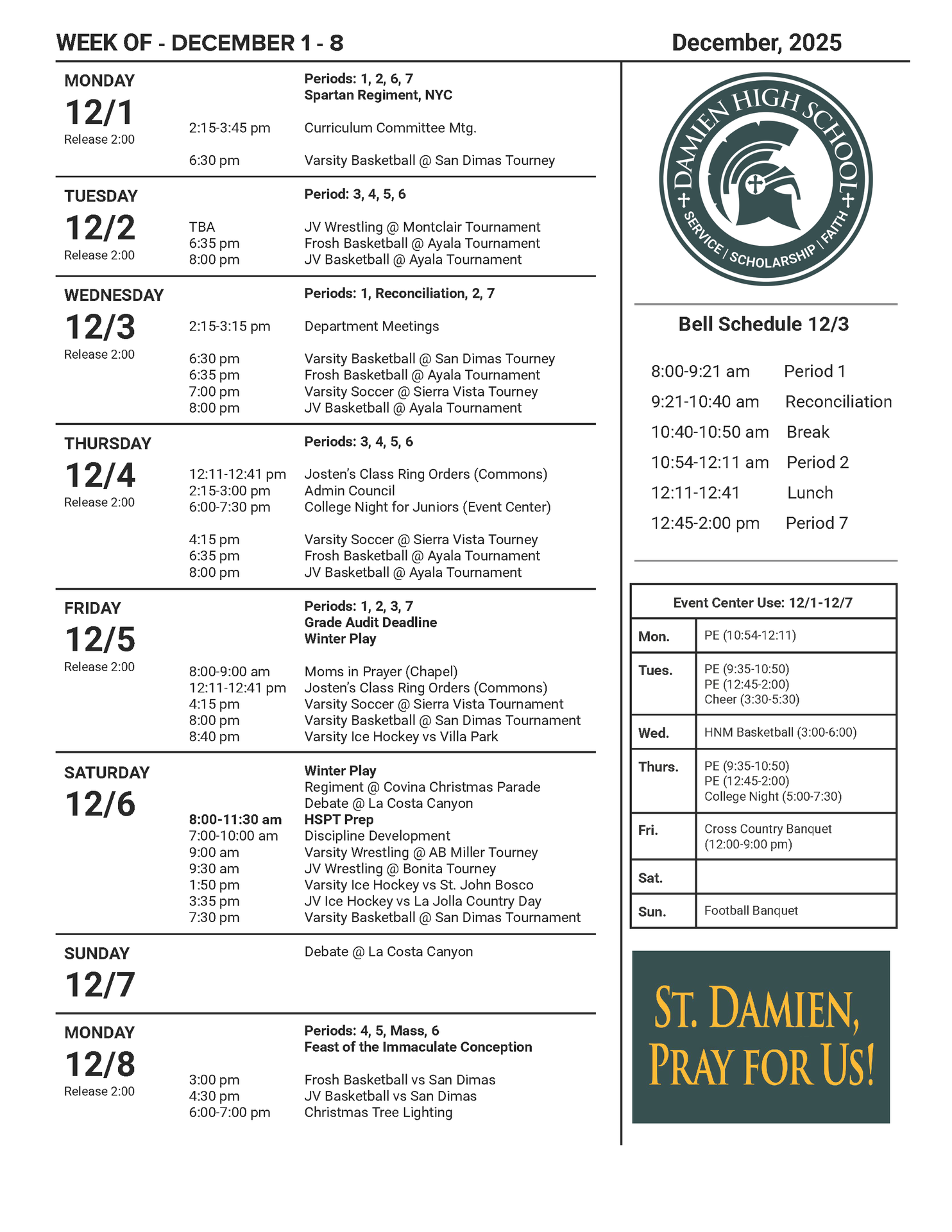 Damien High School Weekly Schedule 