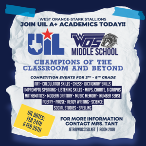 UIL Academics flyer for West Orange-Stark Middle School with event details.