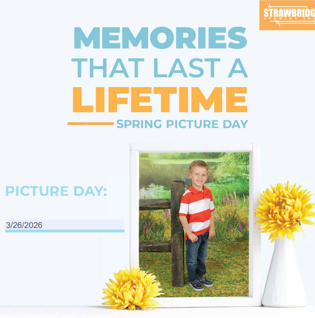 Spring picture day announcement with a child posing in front of a scenic backdrop.