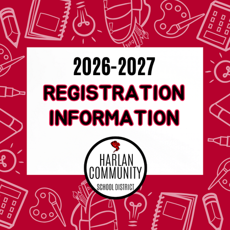 2026-2027 Registration Information red background graphic with Harlan Community School District logo