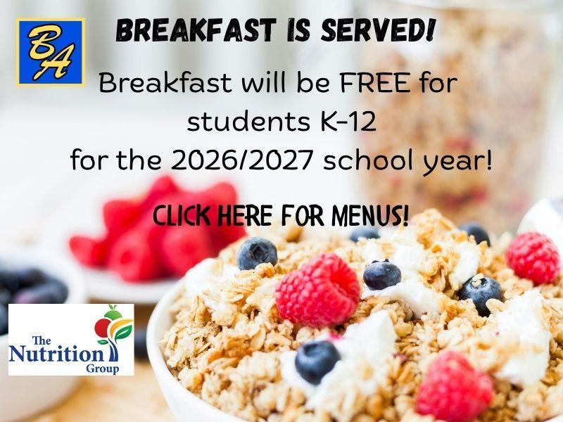 Text promoting free breakfast for K-12 students with a bowl of cereal and berries.