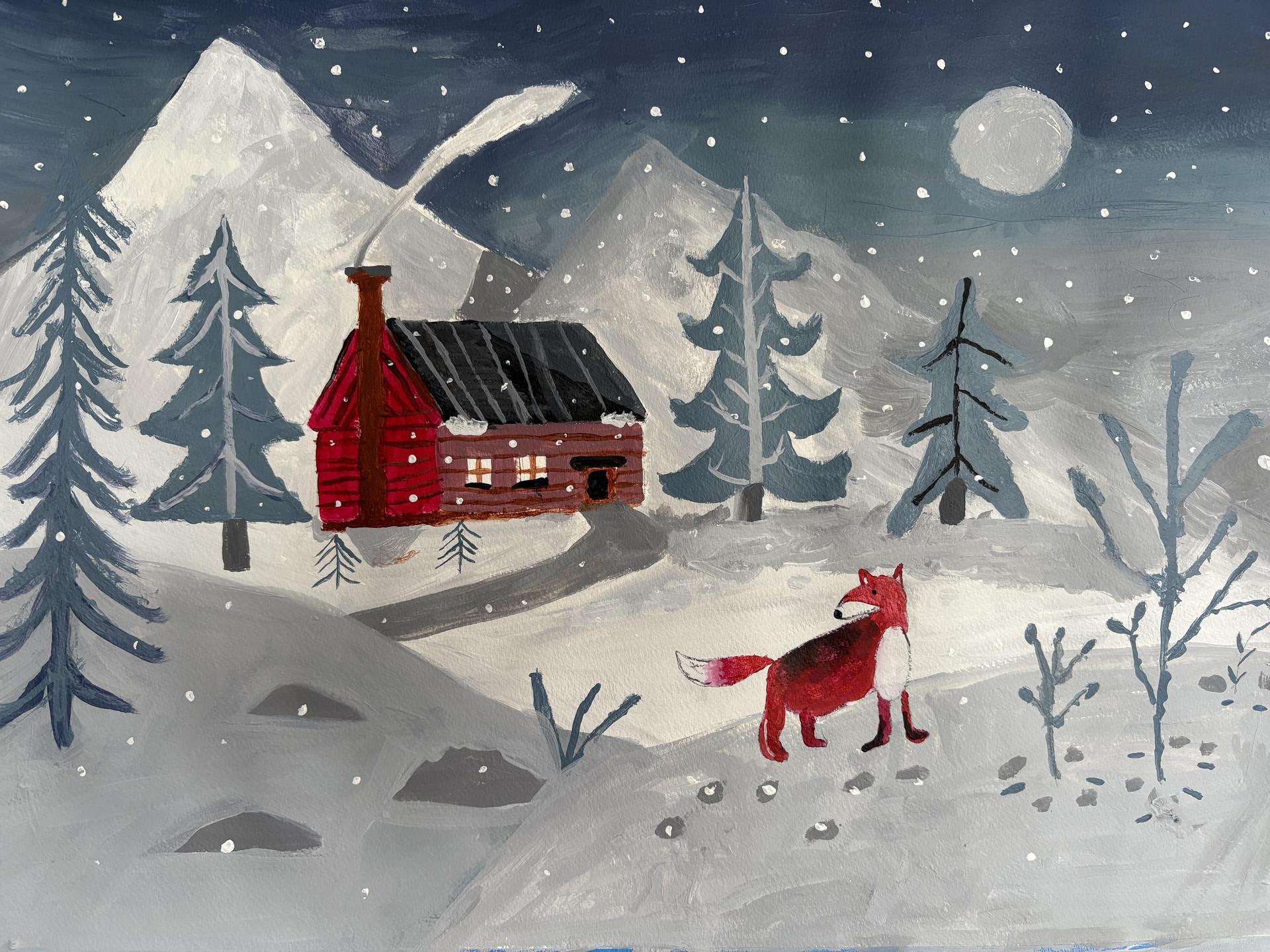 Center School Student's artwork of a winter scene. 