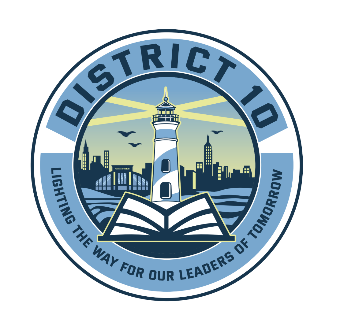 Logo of District 10 with a lighthouse and the text 'Lighting the Way for Our Leaders of Tomorrow.'