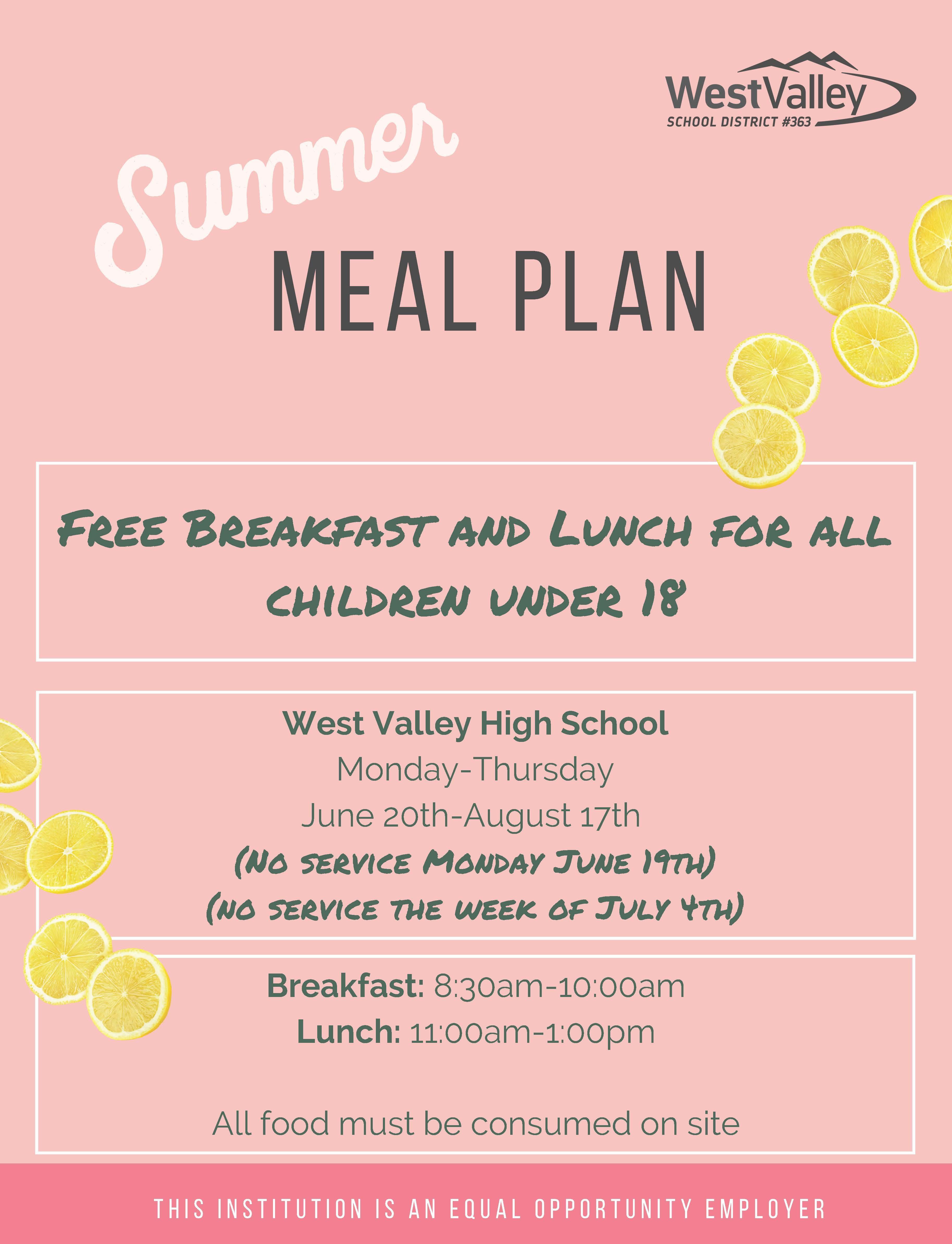 Summer Food Service Program Nutrition Services West Valley School