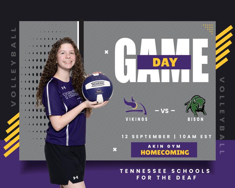 A girl holding a volleyball, promoting a game day event for a school volleyball match.