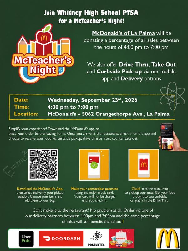 WHS PTSA McTeacher's Night at McDonald's on Wednesday, September 23rd from 4 - 7pm