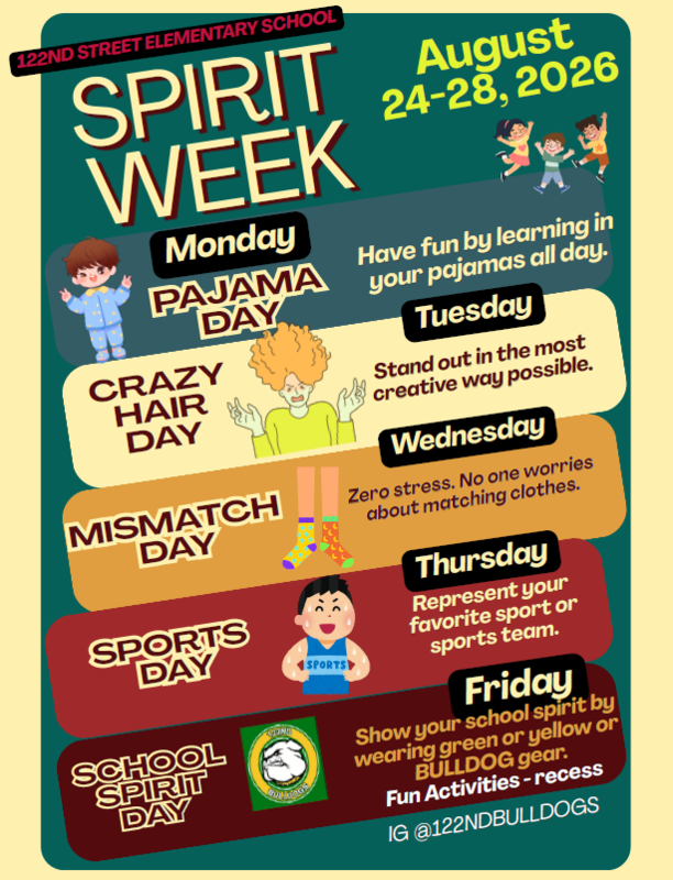 A flyer describing the spirit week schedule