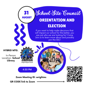 Meeting Information School Site Council Orientation and Election for Parents, Monday, August 31st, 2026, Hybrid meeting in School Library and on Zoom Meeting ID:  wrightms