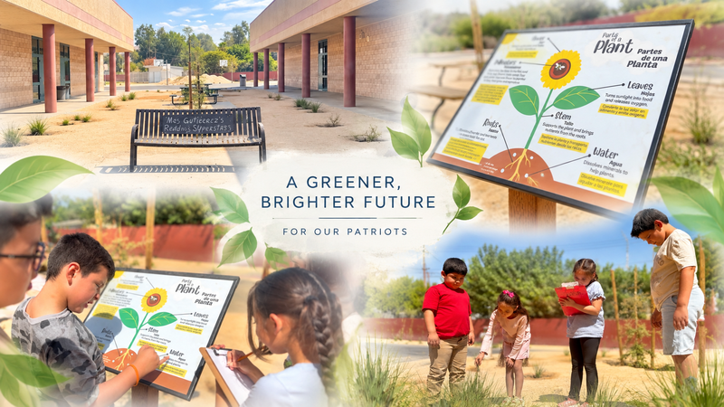 Collage highlighting Santa Fe Elementary’s new outdoor learning spaces, featuring drought-tolerant landscaping, trees, seating areas, bilingual plant-learning displays, and students exploring and learning in the school garden.