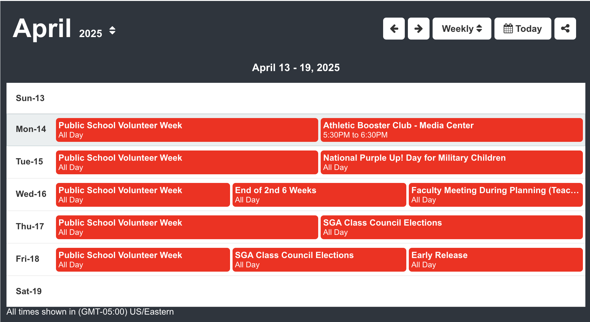 April 2025 calendar with events listed for each day of the week.