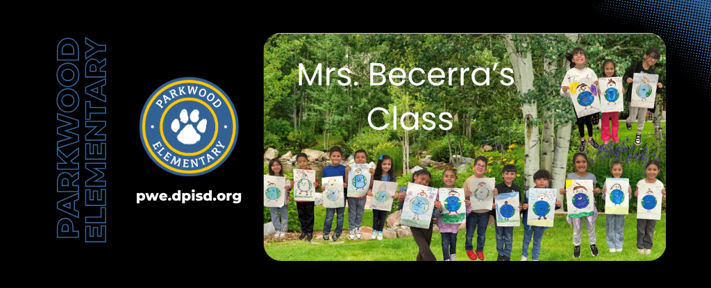 Students from Mrs. Becerra's class hold art projects outdoors.