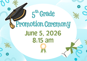 Blue background with green embellishments. A white circle with a graduation cap on top of it with the text in the circle that says 5th grade promotion ceremony