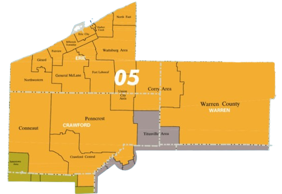 Map of NW Pennsylvania highlighting IU5 service area of Erie, Crawford, and Warren counties.