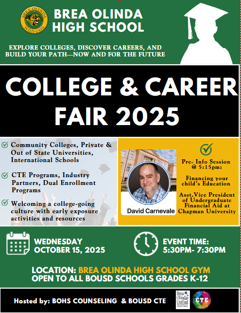 Green gold and black flyer with information details about the College and Career Fair on Oct. 15