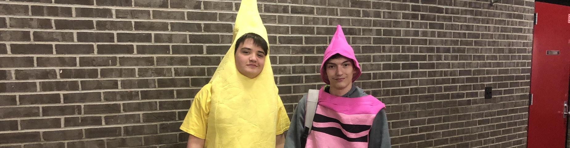 Students at MHS look a little different today. David Pease (Banana) and Gavin Benton (Crayon) are enjoying dress up day!