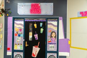 Kindergarten teacher door decorated as iconic Lubbock business, Soda Shack food truck.