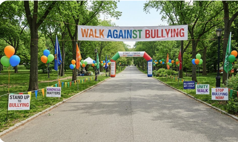 Street image with arch with text walk against bullying