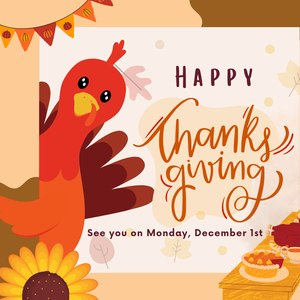 clipart turkey with orange, brown, and yellow leaves announcing Thanksgiving break dates