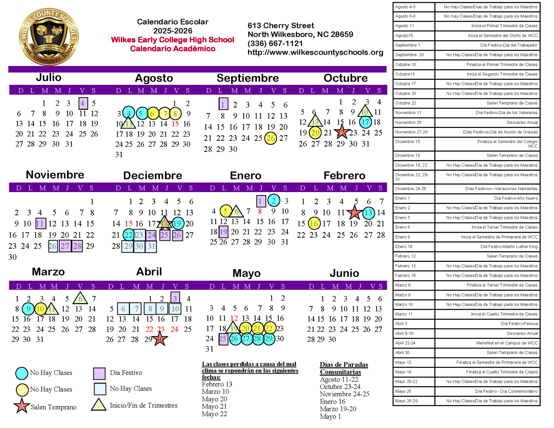 2025-2026 WECHS Spanish Academic Calendar. Fully accessible text version is provided below.
