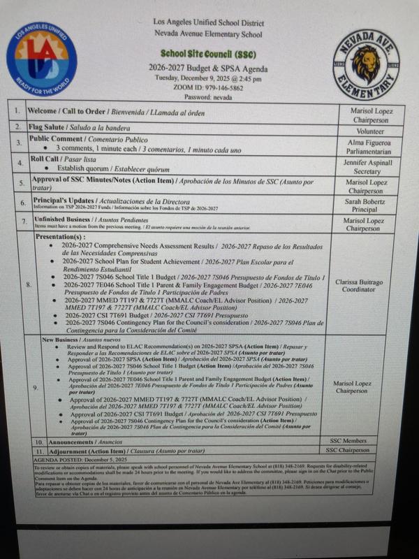School Site Council (SSC) Agenda / Orden del día del Consejo Escolar del Centro Educativo (SSC)
