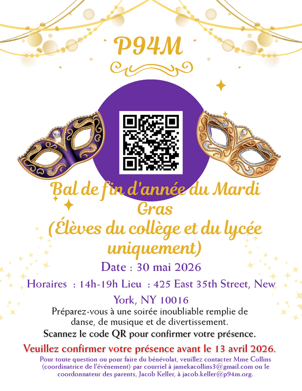 French- Mardi Gras gold masks with a purple dot and QR code