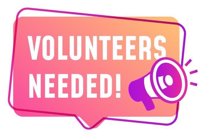 Bold text announces 'Volunteers Needed!' with a vibrant gradient background.