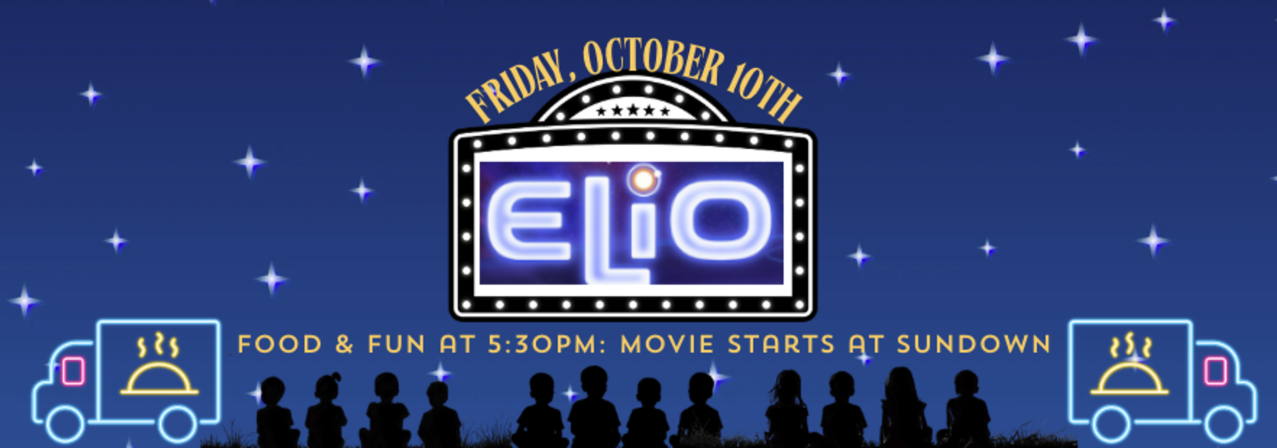Friday, October 10, Movie Night will be showing Elio!  Food and fun begin at 5:00 and the movie starts at sundown.