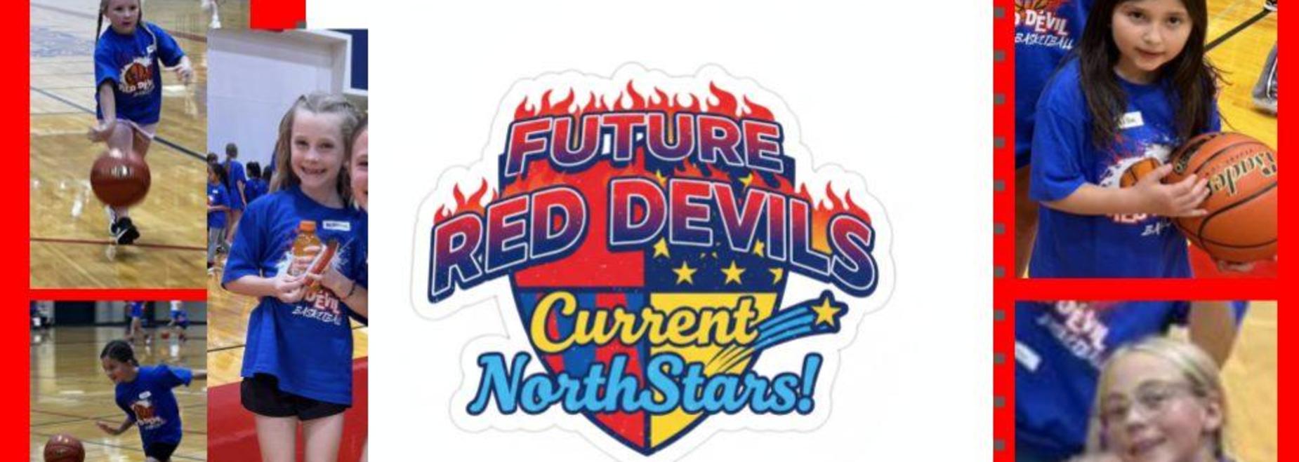 Children participating in basketball activities, with the 'Future Red Devils' logo prominent.