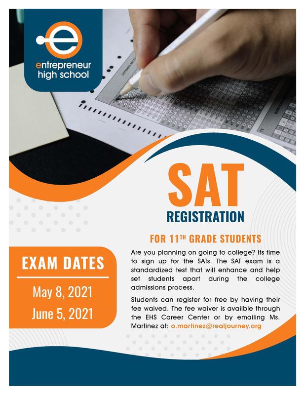 EHS Flyer with S.A.T registration information and exam dates on May 8th, 2021 and June 5th, 2021