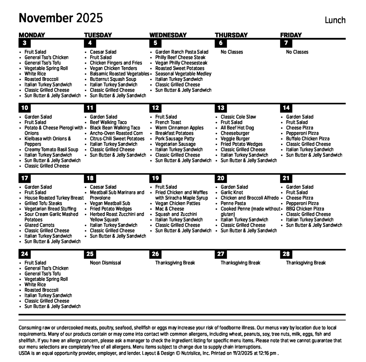 November 2025 menu