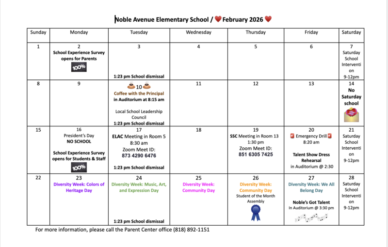 February School Calendar / Calendario de la Escuela de febrero