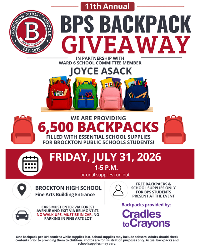 Flyer for backpack giveaway with images of backpacks and school supplies