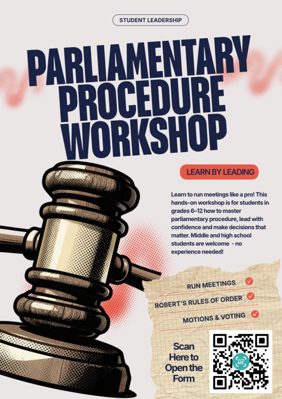 Details on parliamentary procedure workshop with a giant gavel on the left