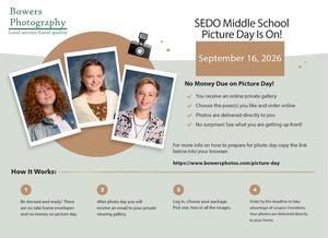 Three students' portraits with instructions and date for School Picture Day.