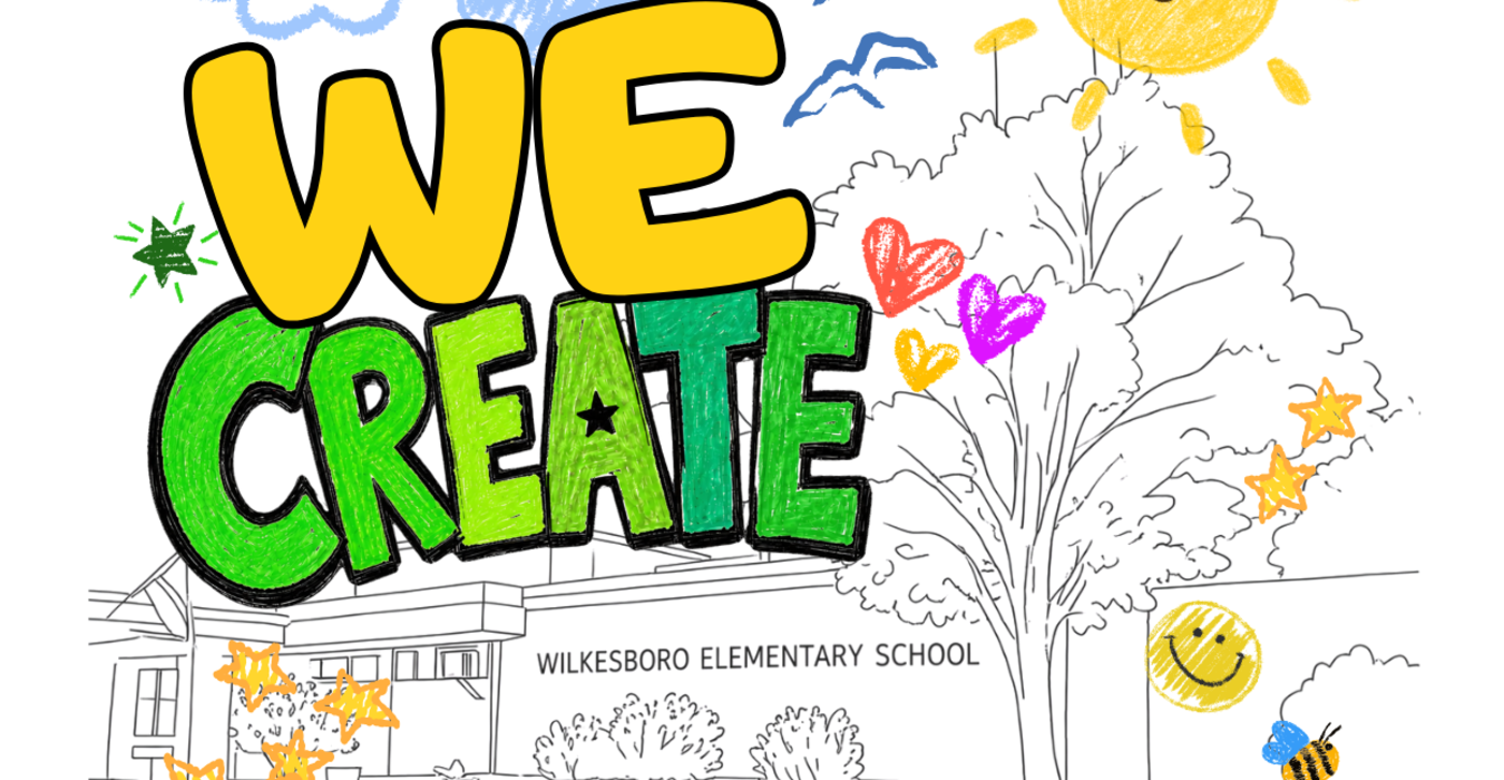 Colorful illustration with the text 'WE CREATE' and a school building background.