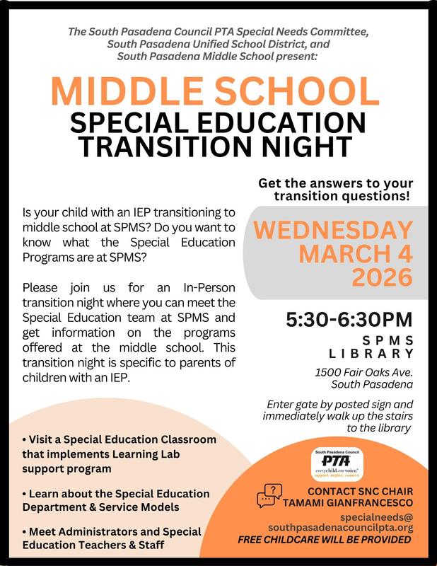 Middle School Special Ed Transition Night - Wed. Mar. 4 @ 5:30pm