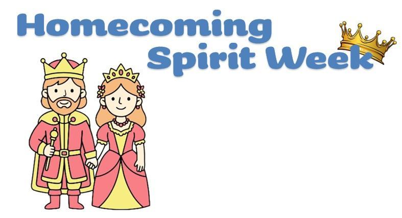 Homecoming Spirit Week with a cartoon king, queen and a crown