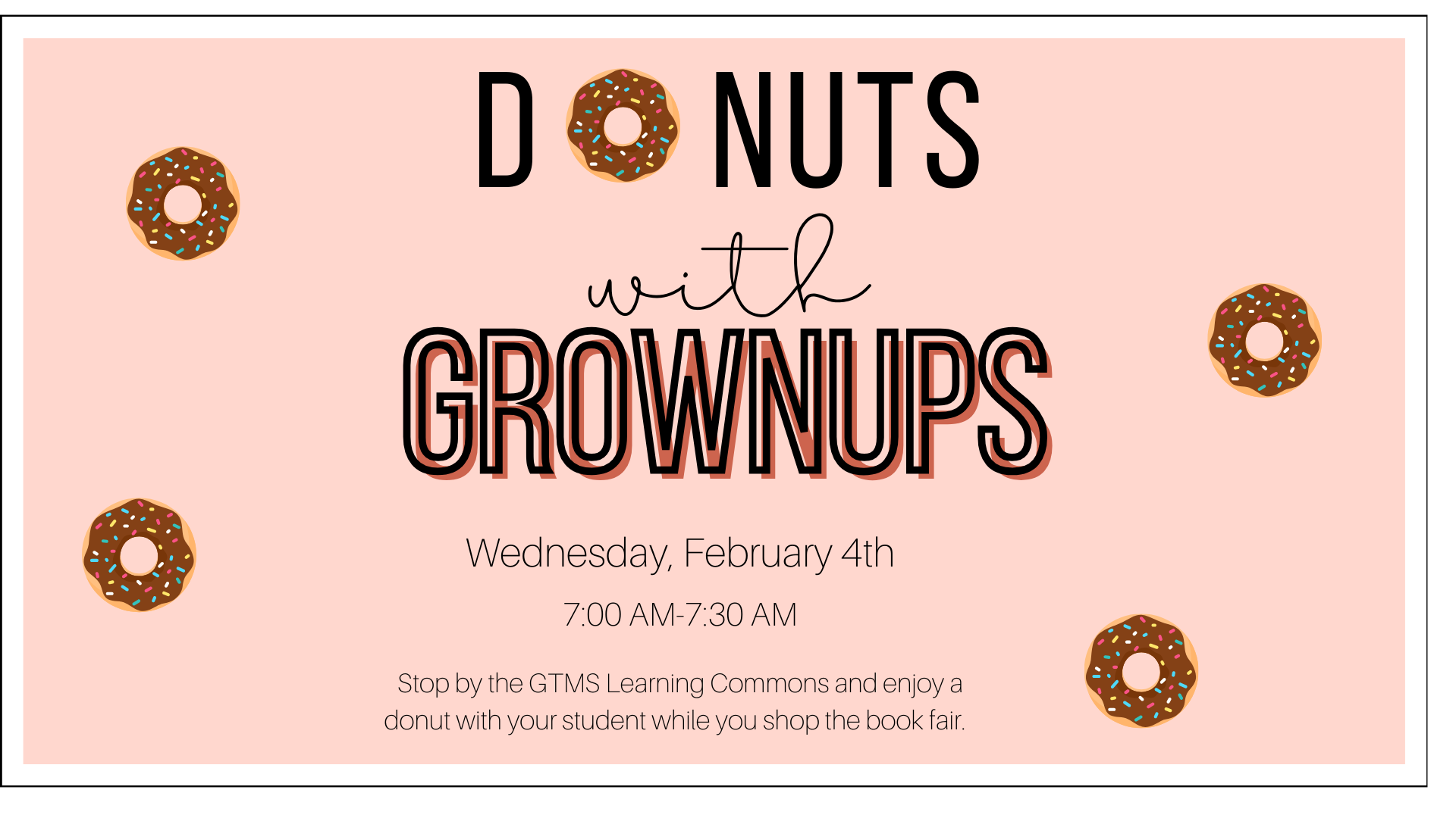 Promotional graphic for a donut event with text details and donut illustrations.