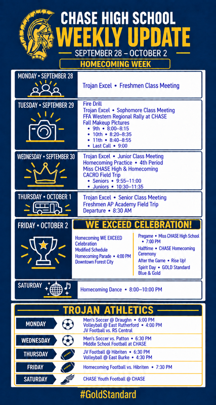 CHASE High School Weekly Update for Homecoming Week, September 28–October 2. Monday: Trojan Excel and Freshman Class Meeting. Tuesday: Fire Drill, Trojan Excel, Sophomore Class Meeting, FFA Western Regional Rally, and Fall Makeup Pictures. Wednesday: Trojan Excel, Junior Class Meeting, Homecoming Practice, Miss CHASE High and Homecoming, and CACRO Field Trip. Thursday: Trojan Excel, Senior Class Meeting, and Freshman AP Academy Field Trip. Friday: WE EXCEED Celebration, modified schedule, Homecoming Parade at 4 PM in downtown Forest City, Miss CHASE High School pregame at 7 PM, Homecoming Ceremony at halftime, and Blue & Gold Spirit Day. Saturday: Homecoming Dance, 8–10 PM. Athletics include men’s soccer, volleyball, JV and varsity football, middle school football, and CHASE Youth Football