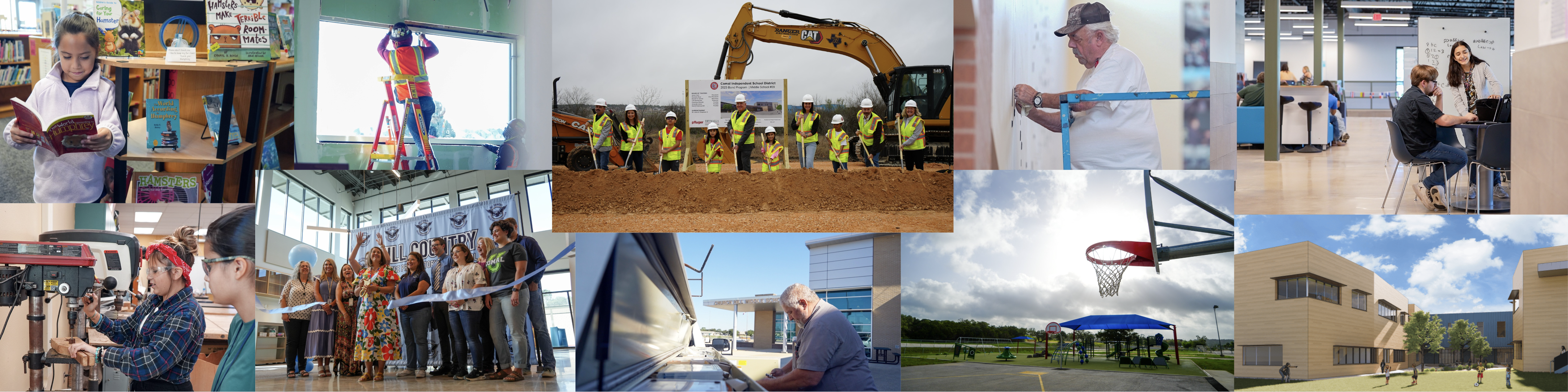 Facility planning photo collage of every stage of facility planning process (mock design, ground breaking, facility maintenance, ribbon cutting, and students using facilities)