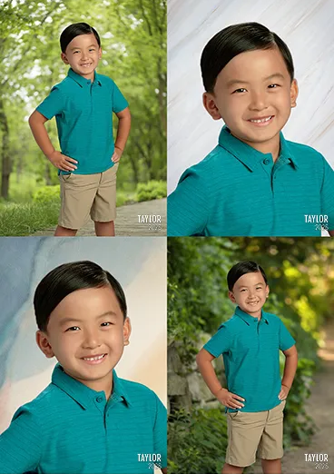 A boy in teal shirt stands in front of four backgrounds