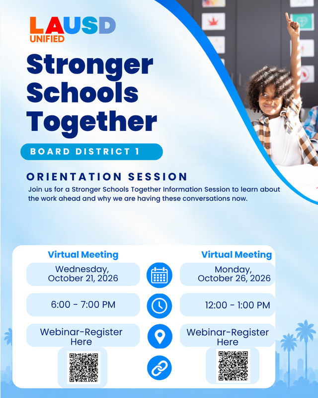 Board District 1 Stronger Schools Together Session Tonight 10/21/26