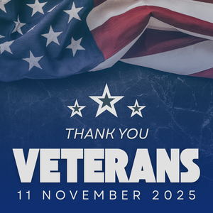 American flag on a blue background with white text that says "Thank you Veterans"