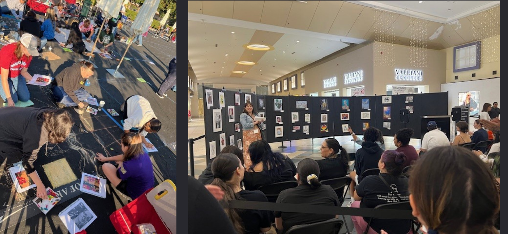 People engaged in arts and crafts on the left, and a crowd watching a presentation on the right.