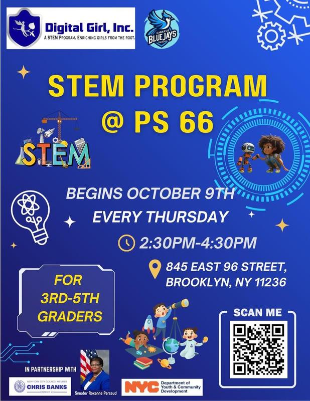 PS/IS66 STEM Flyer showing that the program is hosted every Thursday from 2:20 P.M. to 4:20 P.M.