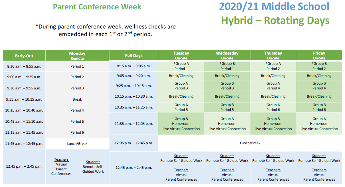 Table with Middle School Hybrid Parent Conference Week Schedule