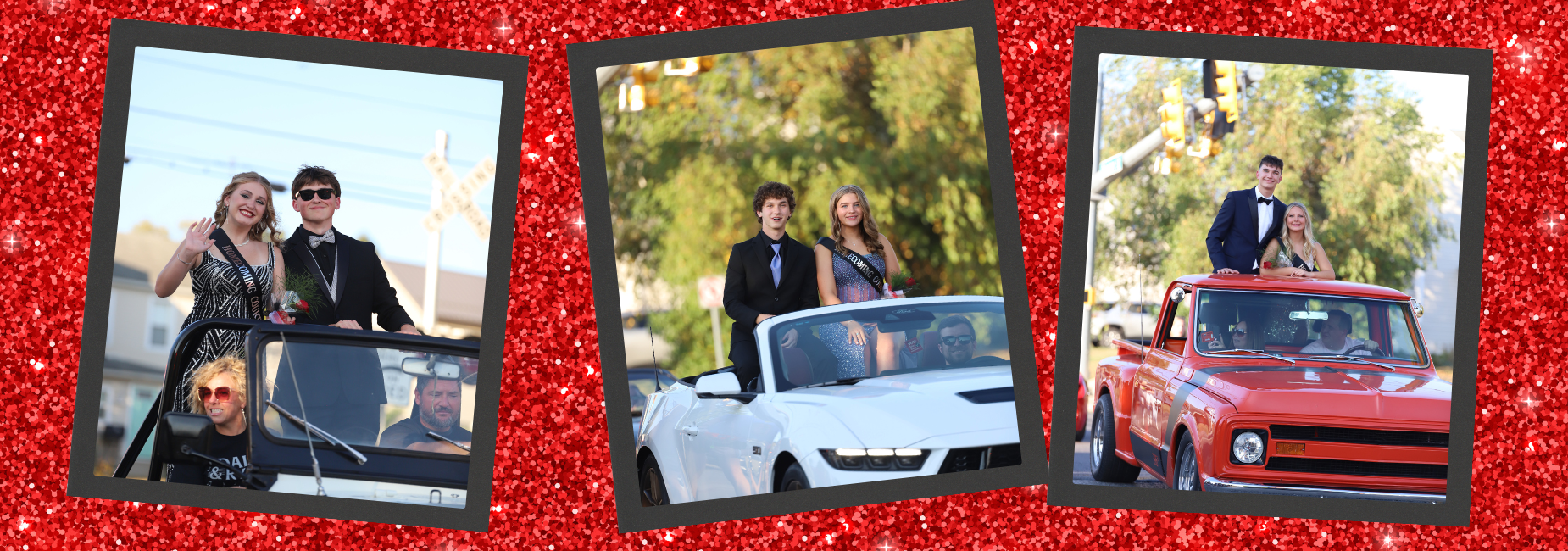 Two couples ride in convertibles during a parade with banners and festive decorations.