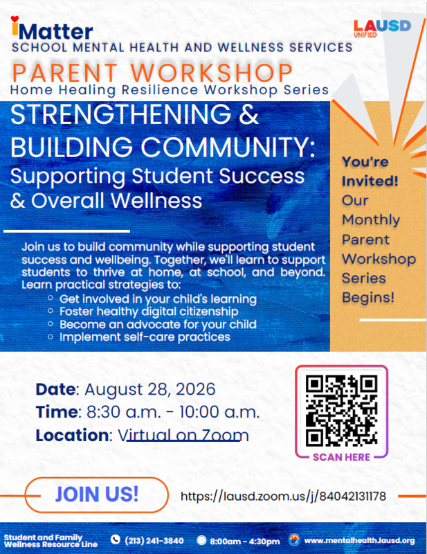 Flyer from school mental health advertising the parent workshop
