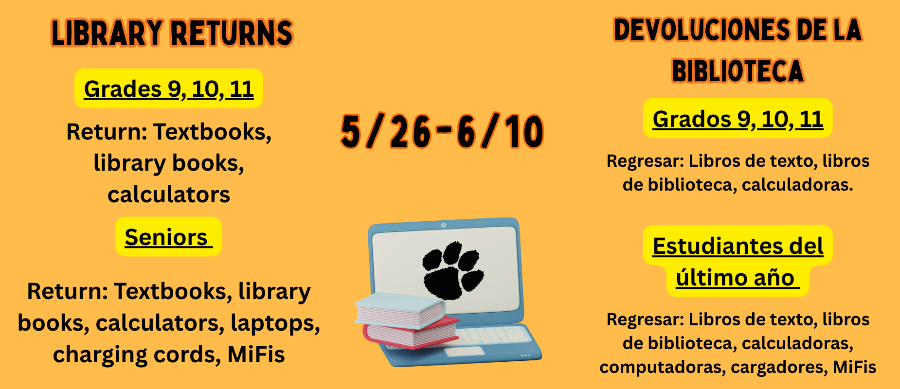 Library return information in English and Spanish for various student grades.