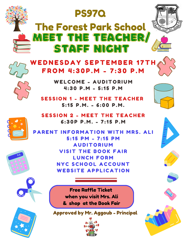 White background with date and time information for meet the teacher & staff night